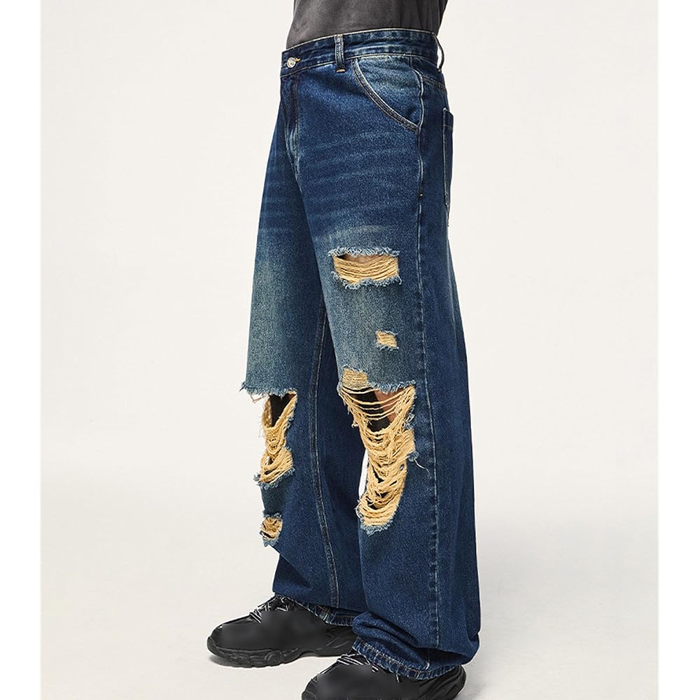 SWJGLITTR Men's Distressed Wide Leg Jeans Washed Loose Fit